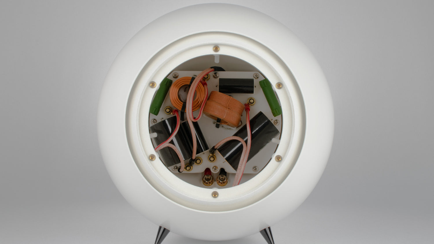 Front inside view of Iris Audio speakers without speaker/driver.
