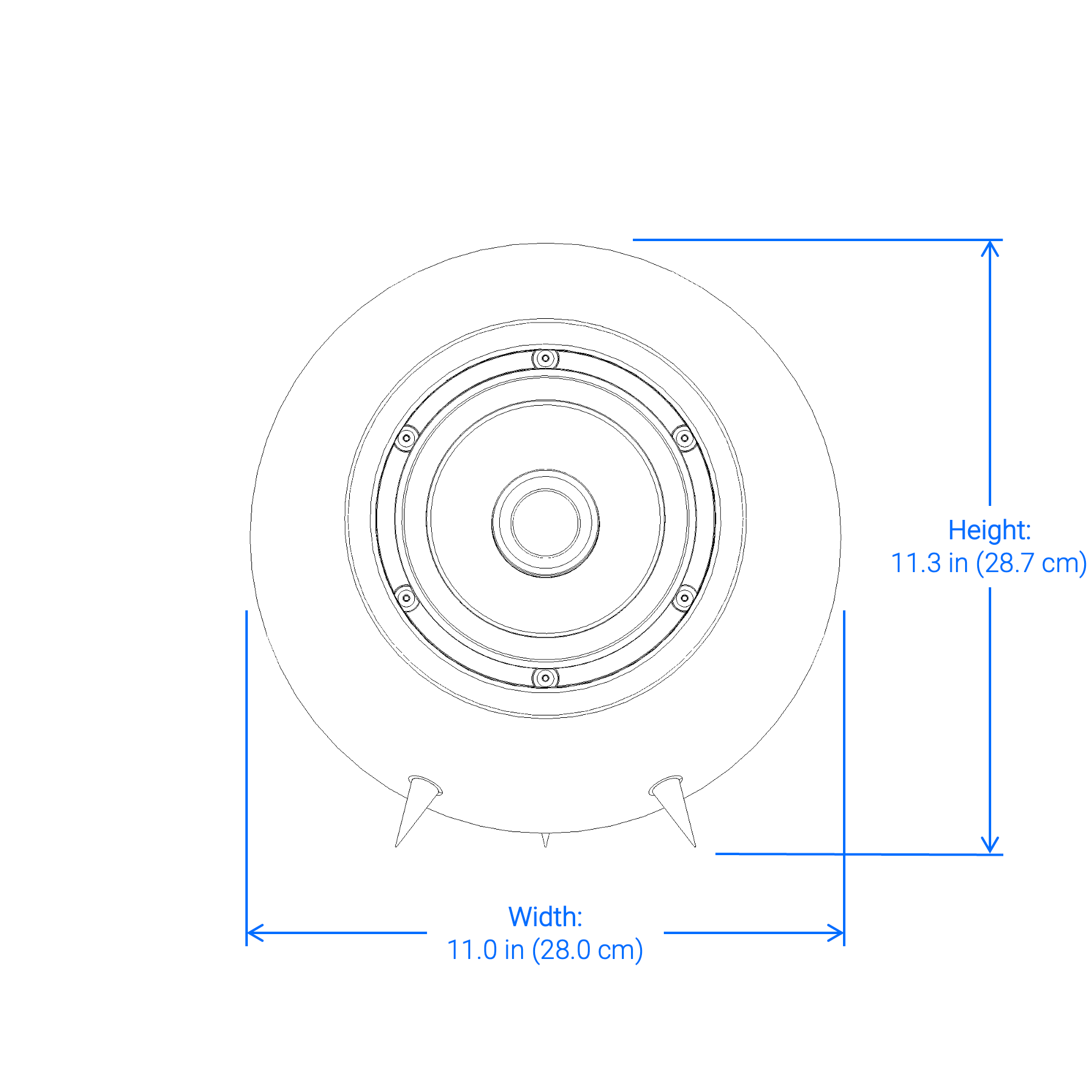 Technical specifications front view of width and height of Iris Audio speakers. Height 11.3 inches, 28.7 cm. Width 11.0 inches, 28.0 cm.